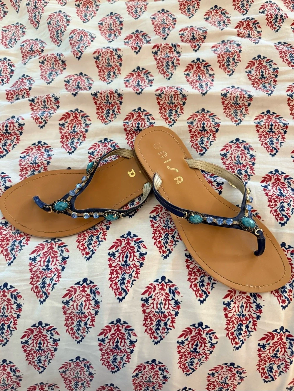Unisa Navy and Turquoise Jeweled Thong Sandals